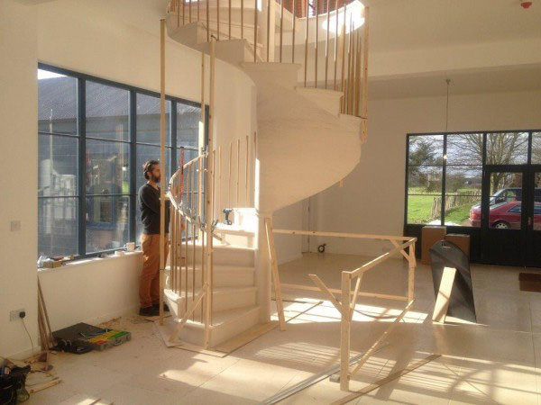 deVOL-kitchens-blog-Cotes Mill-showroom-floors of stone-fos-building-limestone-spiral staircase-Ben-bannister-unique-beautiful