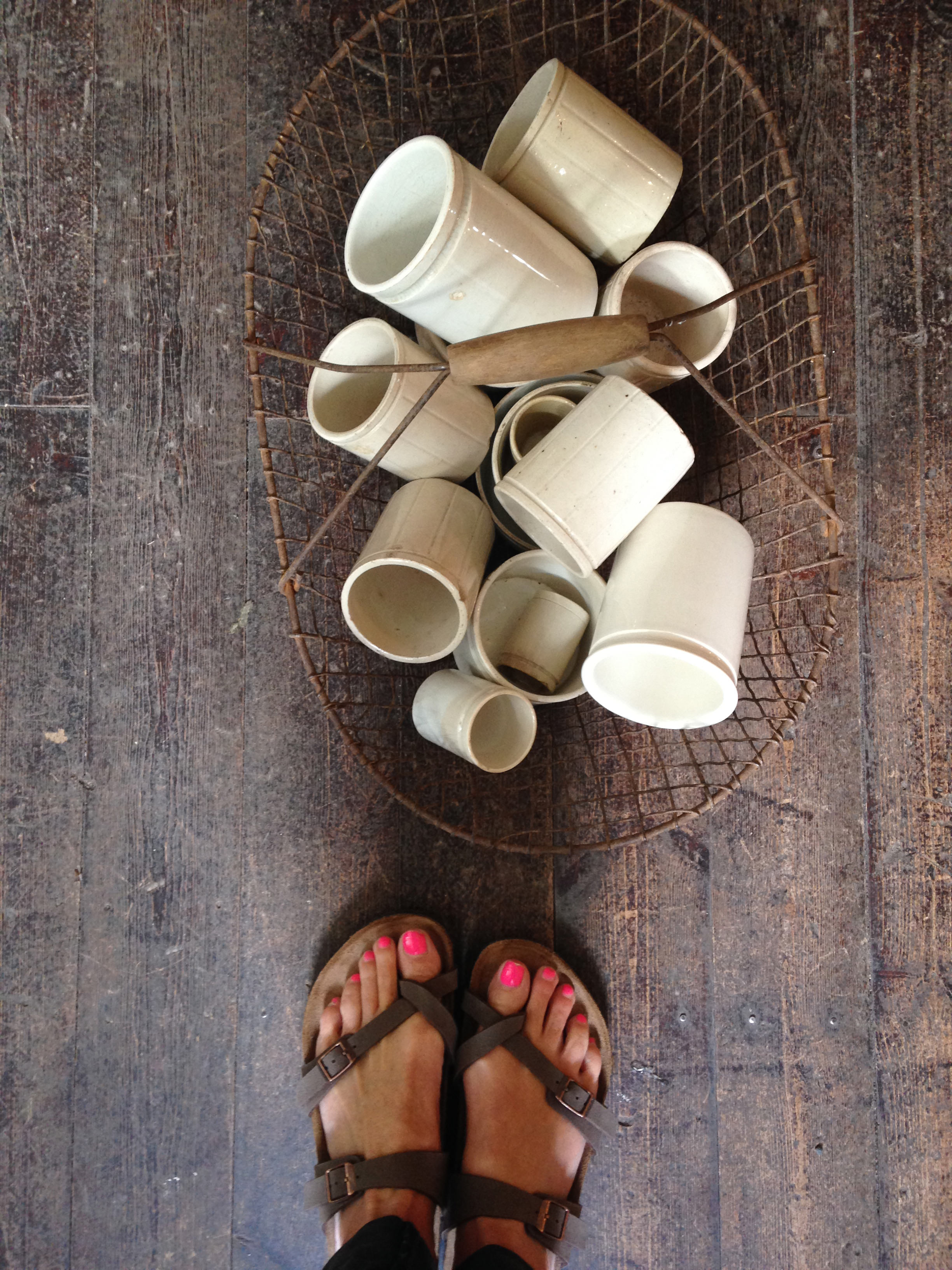 deVOL-kitchens-Helen Parker-Birkenstocks-shoes-floorboards-antiques-gifts-wire basket-mugs-Old-French mustard-simplicity-beautiful-antique-set-mugs-