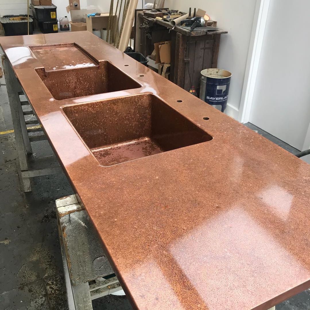 An aged copper worktop ready for deVOL's New York showroom