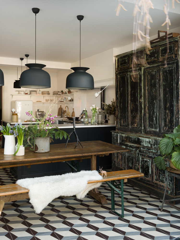 Mixing old and new in this deVOL Shaker kitchen with a vintage pantry and statement lighting