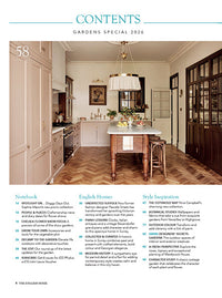 A page of a magazine, at the top written in blue is 'Contents'. Below is a landscape image of a soft pink kitchen with a traditional look. Below this are three columns of text.