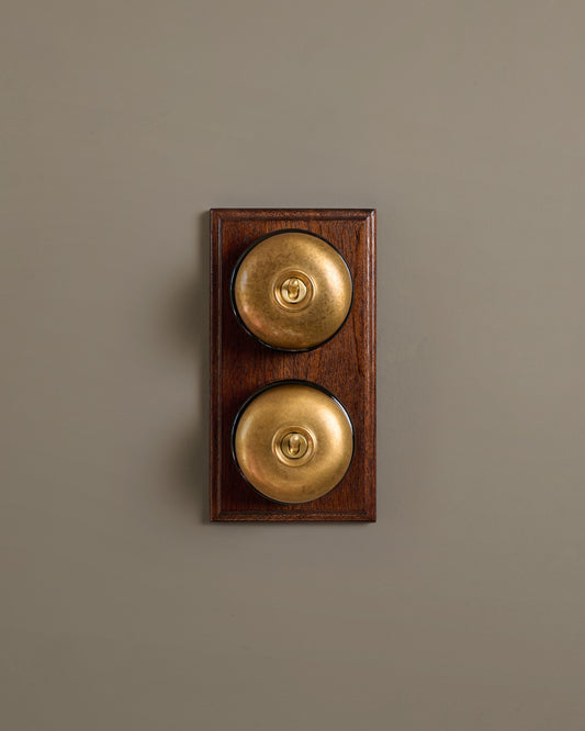 The Dolly Toggle Switch (2 Gang & Mahogany Finish Pattress) - Aged Brass with Black Base.