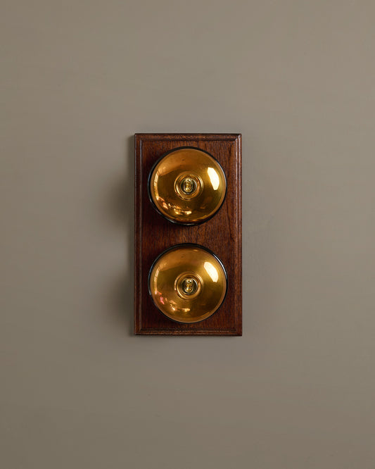 The Dolly Toggle Switch (2 Gang & Mahogany Finish Pattress) - Heirloom Brass with Black Base.