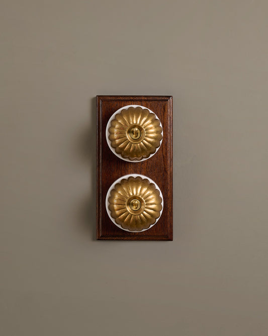 The Jelly Toggle Switch (2 Gang & Mahogany Finish Pattress) - Aged Brass with White Base.