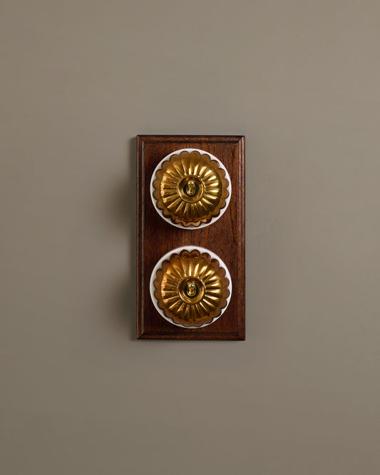 The Jelly Toggle Switch (2 Gang & Mahogany Finish Pattress) - Heirloom Brass with White Base.