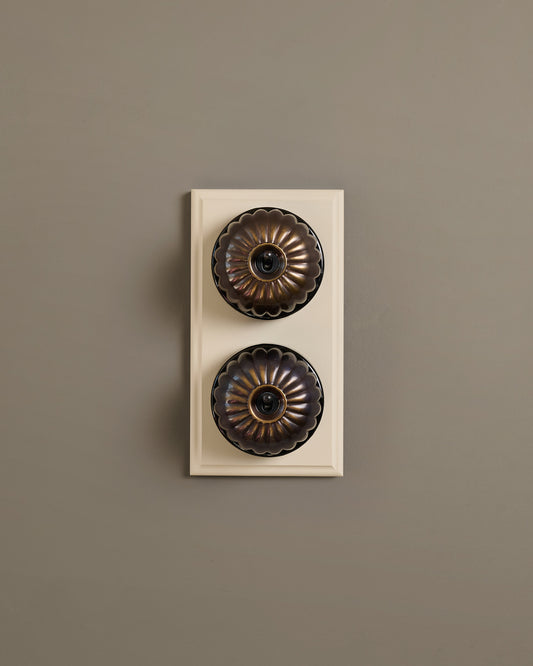 The Jelly Toggle Switch (2 Gang & Primed Maple Pattress) - Oxidised Brass with Black Base.