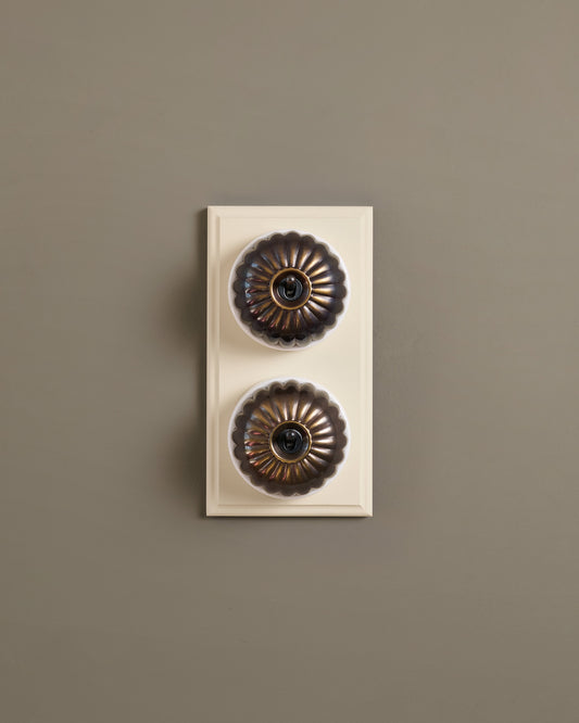 The Jelly Toggle Switch (2 Gang & Primed Maple Pattress) - Oxidised Brass with White Base.