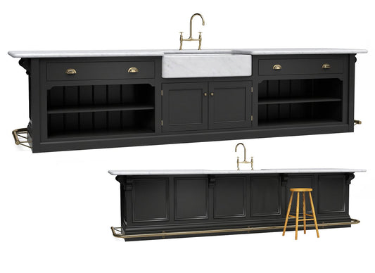 Island with 1000 marble double sink, open storage with drawers, brass foot rail & panelled back