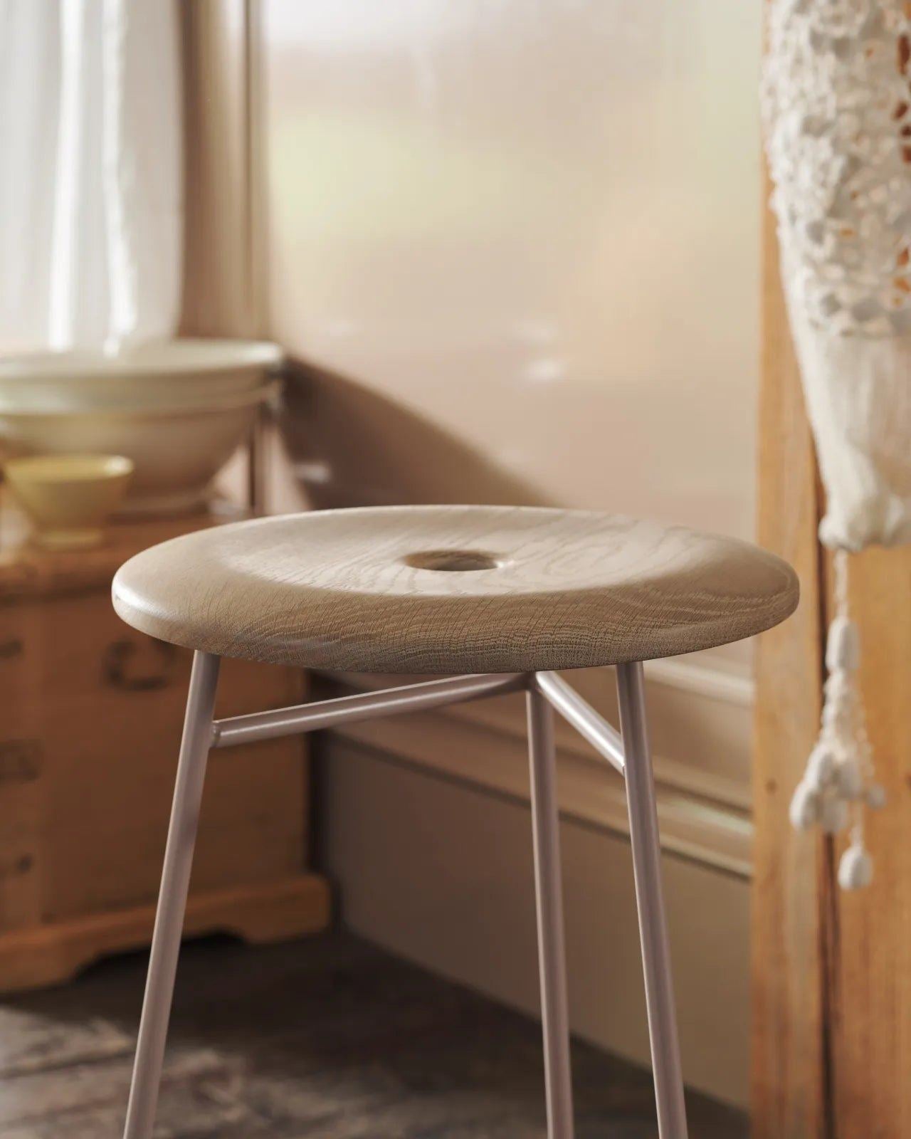 The Creedy Stool - Limed Oak with Plasterer's Pink Frame