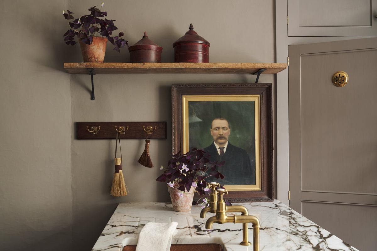 A Mahogany Finish backboard with three brass Twin Edwardian Hooks, fitted to a grey wall. Vintage brushes hang from the hooks, beside a small potted plant.