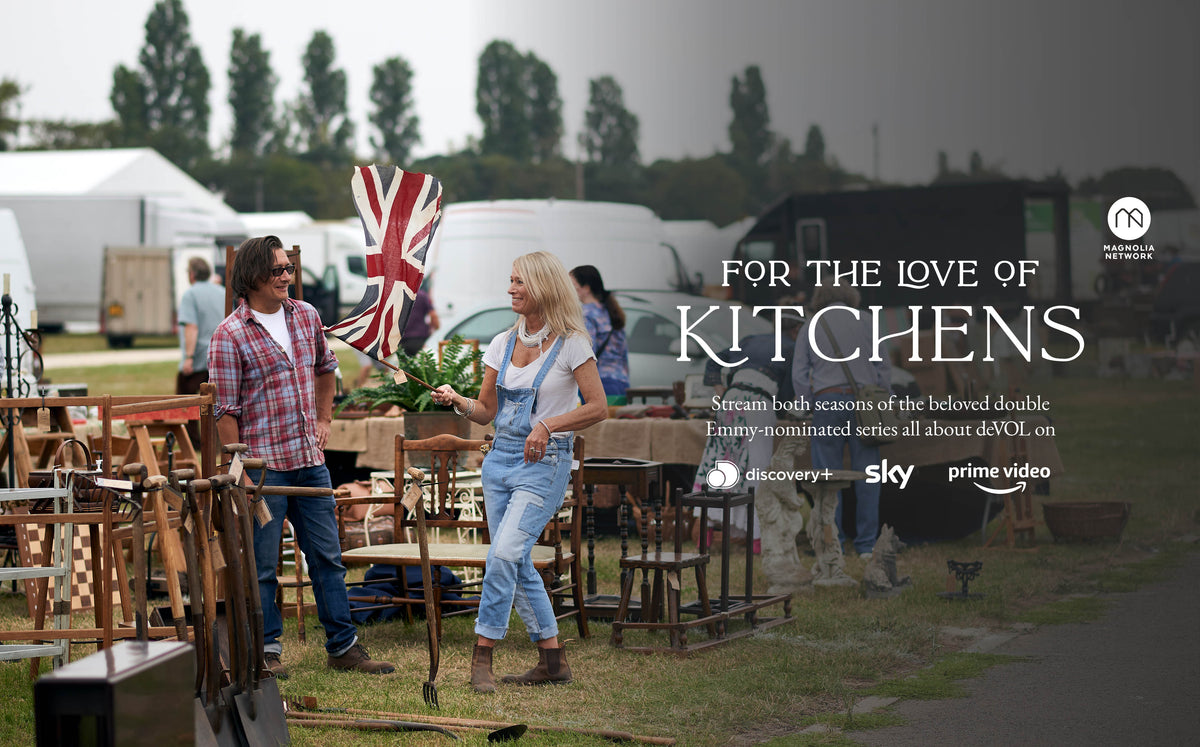 Two people at a flea market with a Union Jack flag, promoting 'For the Love of Kitchens' series on multiple streaming platforms.