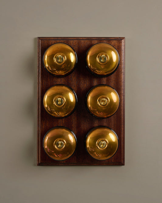 The Dolly Toggle Switch (6 Gang & Mahogany Finish Pattress) - Heirloom Brass with Black Base.