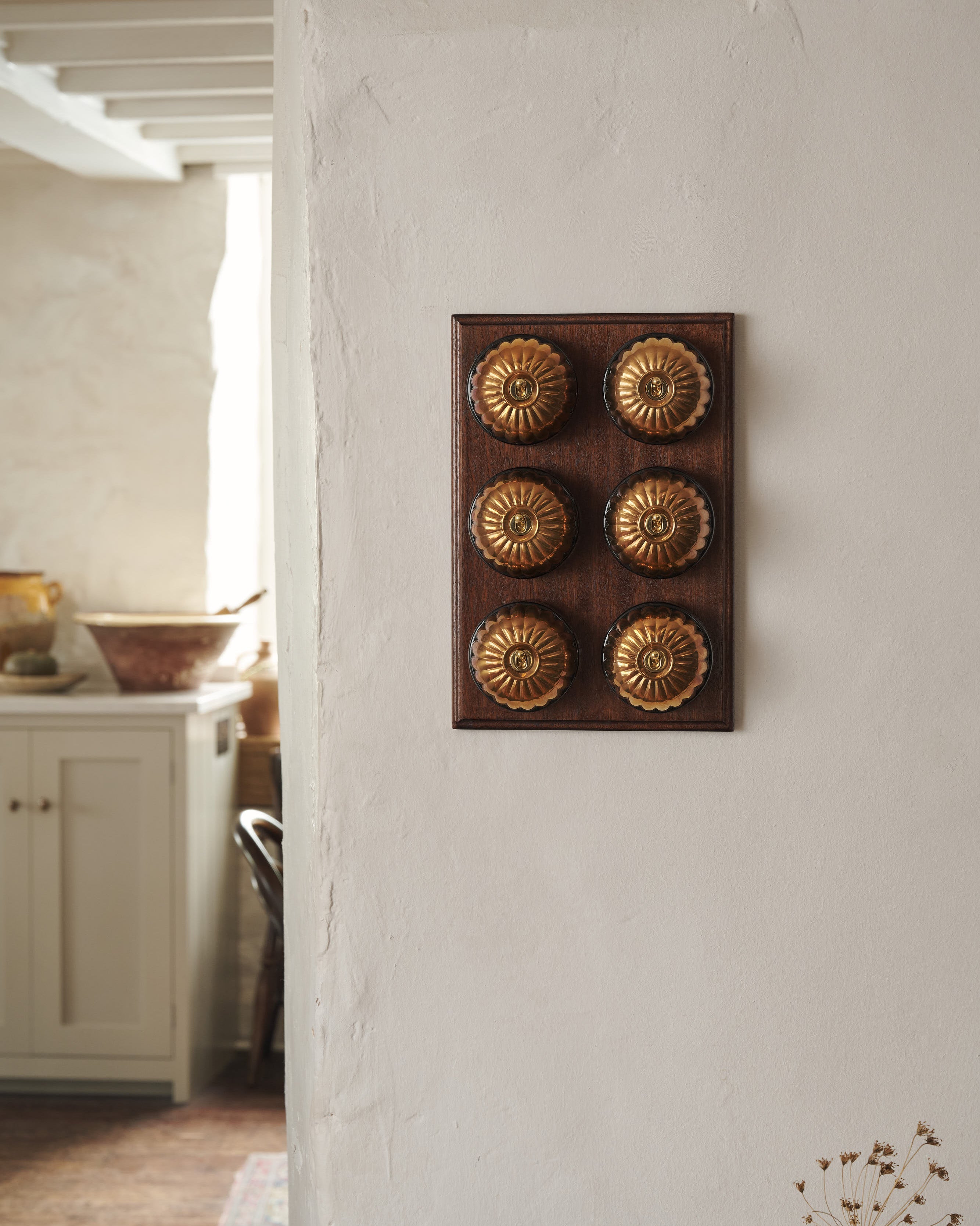 A bank of six Jelly Toggle Switches fitted to a richly stained Sapele pattress. Photographed in a cream-coloured room with painted Shaker cupboards.