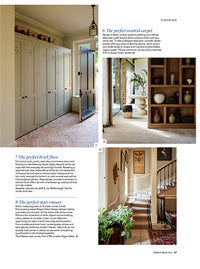 A page of a magazine, there are three home interior images with three blocks of black text.