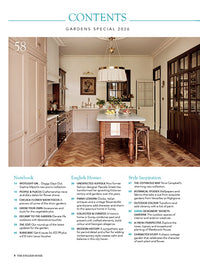 A page of a magazine, at the top written in blue is 'Contents'. Below is a landscape image of a soft pink kitchen with a traditional look. Below this are three columns of text.