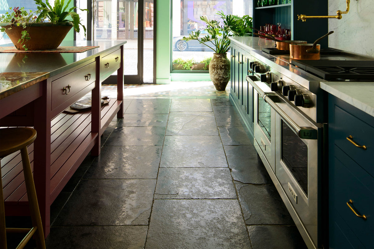 Brushed Charcoal Limestone in our Manhattan showroom.