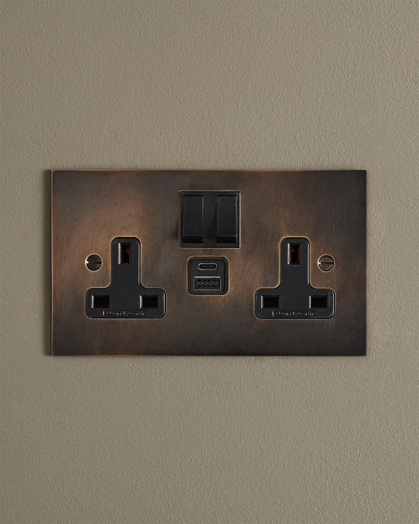 Oxidised Brass Classic 13A Plug Socket - Twin with USB A/C