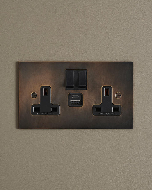 Oxidised Brass Classic 13A Plug Socket - Twin with USB A/C