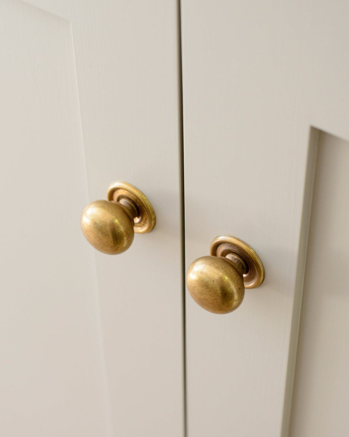 An oblique view of a pair of round doorknobs with pressed backplates in a burnished 'Bella' brass finish, fitted to cream painted cupboard doors. TEST