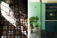 On the left hand side is a close-up of beautiful and authentic reclaimed tiles from North London, England. On the right is a quiet corner of a stunning, Bond Street blue kitchen features a bank of open pantry larder. The room features a stunning mix of colours and character, accentuated by elegant antiques such as a collection of colourful drinking glasses, potted plants, and artisan ceramics.