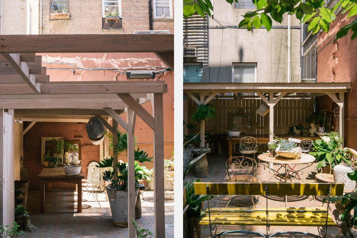 Two outdoor patio scenes of the deVOL Bond Street New York showroom with wooden pergolas, antique furniture, and lucsious green plants.