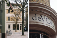 The deVOL St Johns Showroom in London is a corner, three floor, cream bricked building with strips of light beige painted exterior and a hand painted logo on top of the front door.