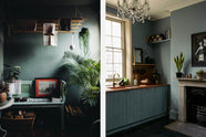 A sweet and simple Clerkenwell blue Sebastian Cox kitchen features a short cooker and sink run with a copper worktop and splashback, a single copper sink, an electric stove and shelves with brass hanging rails. Adorned with artisan ceramics, vintage bric-a-brac, aubergines, hanging plants, a framed quirky illustration, a crystal chandelier, and bare wall lights, this kitchen creates a glamorous and practical space.