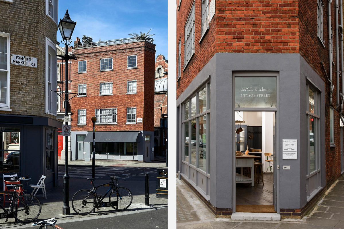The deVOL Tysoe Street London showroom is a four floored bricked building with the iconic deVOL blue painted on the first floor.