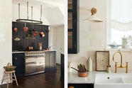 A large pantry blue shaker kitchen features a sink and cooker run with Carrara marble worktop, a silver gas cooker, a shelf with pegs, and a double Belfast sink, an aged brass Ionian tap,. Beautifully decorated with vintage furniture, copper pans, a pot hanger, and an aged brass pot filler tap, the kitchen presents a thoughtfully curated mix of collected pieces that fit together effortlessly.