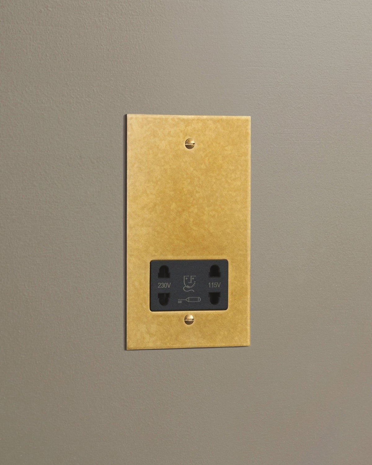 An oblique view of a classic twin shaver socket in a mottled aged brass finish. TEST