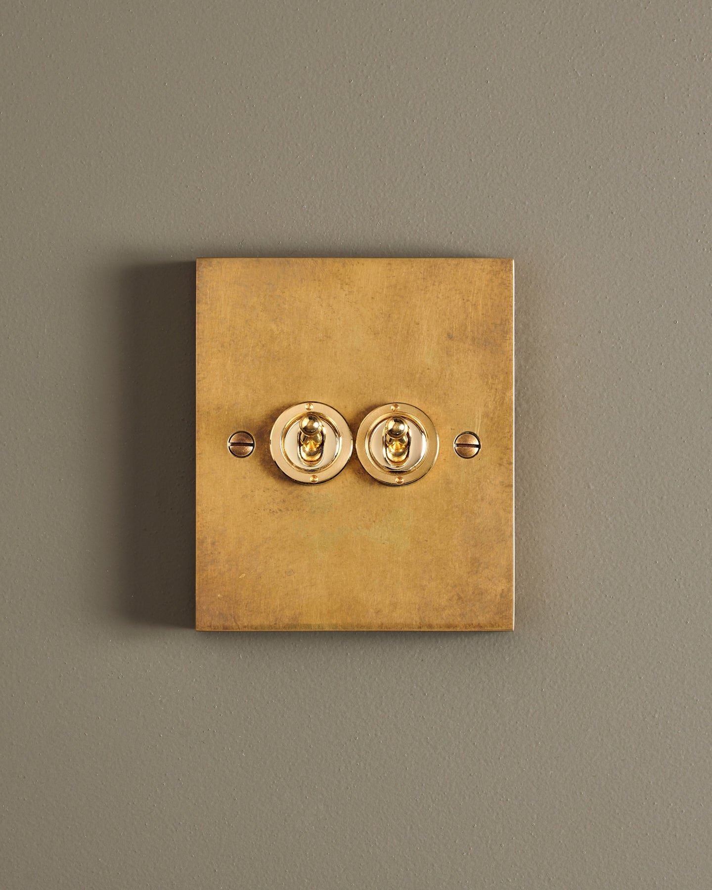 A straight-on view of a 2 gang box toggle switch in a warm burnished brass finish.