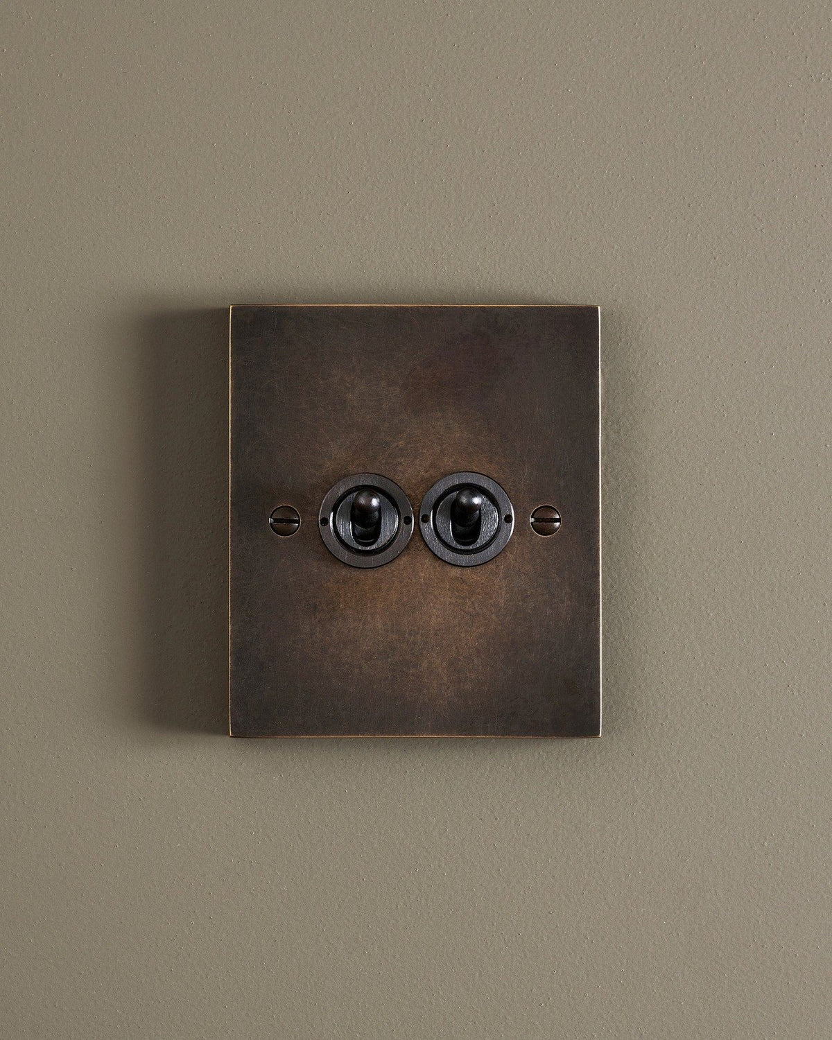 A straight-on view of a 2 gang box toggle switch in a dark oxidised brass finish. TEST