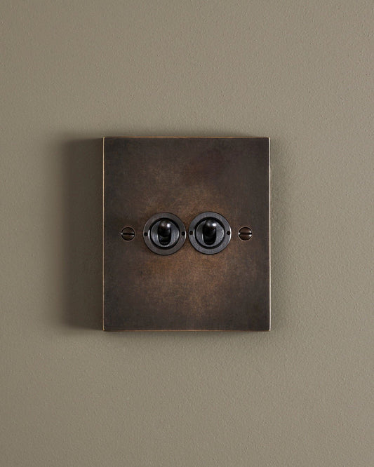 A straight-on view of a 2 gang box toggle switch in a dark oxidised brass finish.
