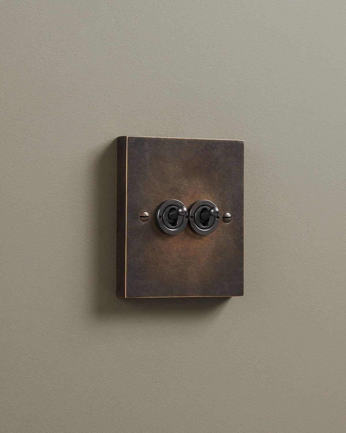 An oblique view of a 2 gang box toggle switch in a dark oxidised brass finish. TEST