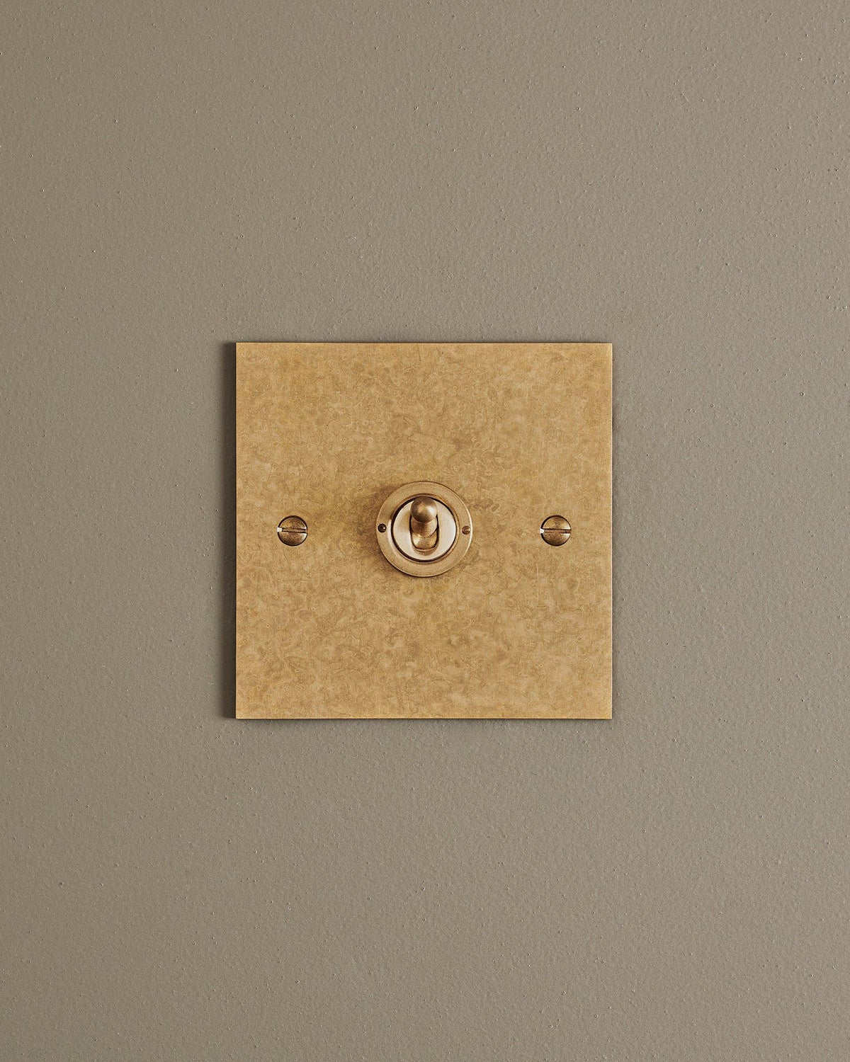 A straight-on view of a 1 gang classic toggle switch in a mottled aged brass finish. TEST