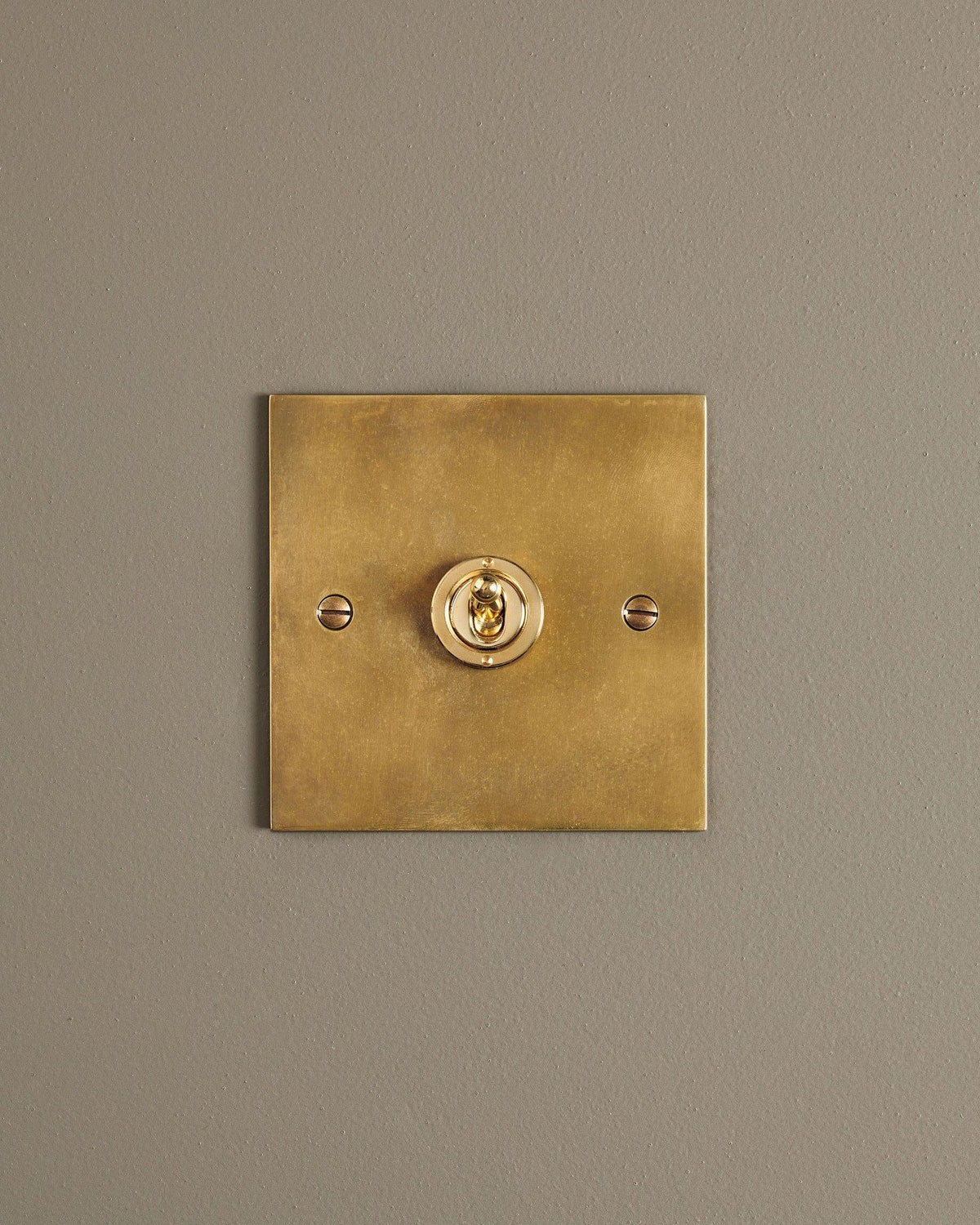 A straight-on view of a 1 gang classic toggle switch in a warm burnished brass finish. TEST