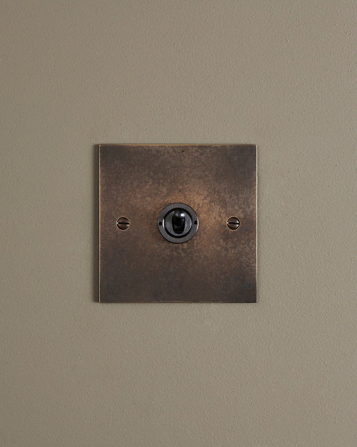 A straight-on view of a 1 gang classic toggle switch in a dark oxidised brass finish. TEST