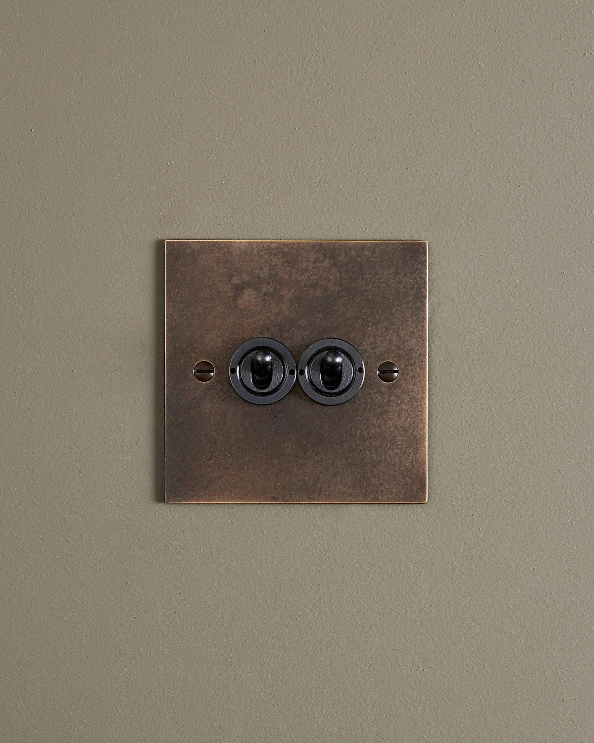 A straight-on view of a 2 gang classic toggle switch in a dark oxidised brass finish. TEST