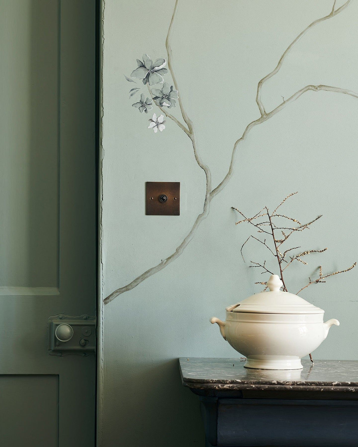 A straight-on view of a 1 gang classic toggle switch in a dark oxidised brass finish on a duck-egg blue wall with a delicate handpainted mural of winding branches and a glossy white pot in the foreground. | 1 Gang shown TEST