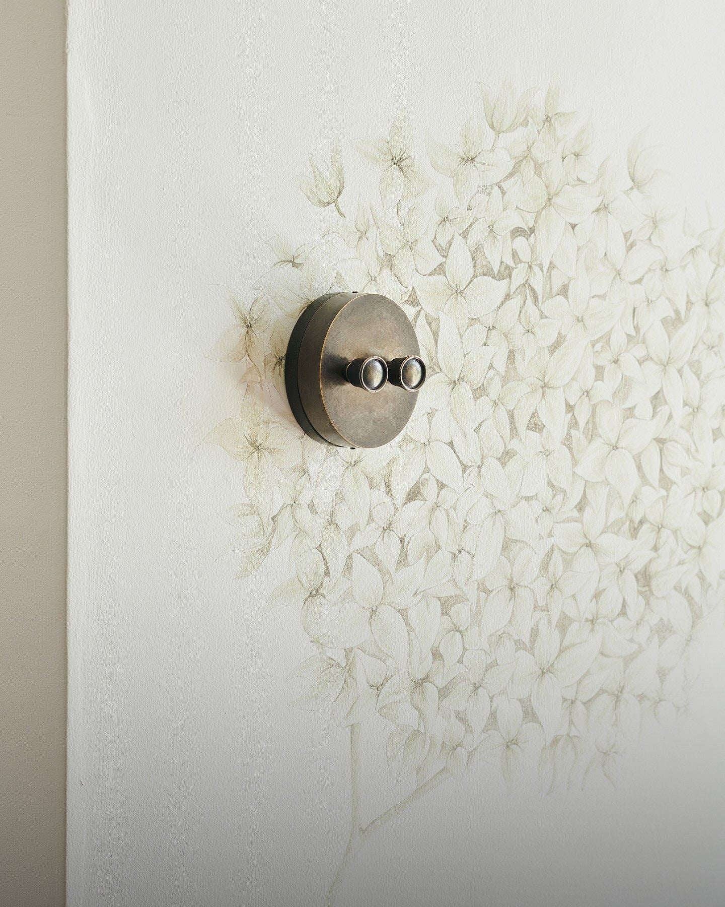 An oblique view of a 2 gang oval-shaped dimmer switch in a dark oxidised brass finish on a white wall with a large mural of an allium flower head.