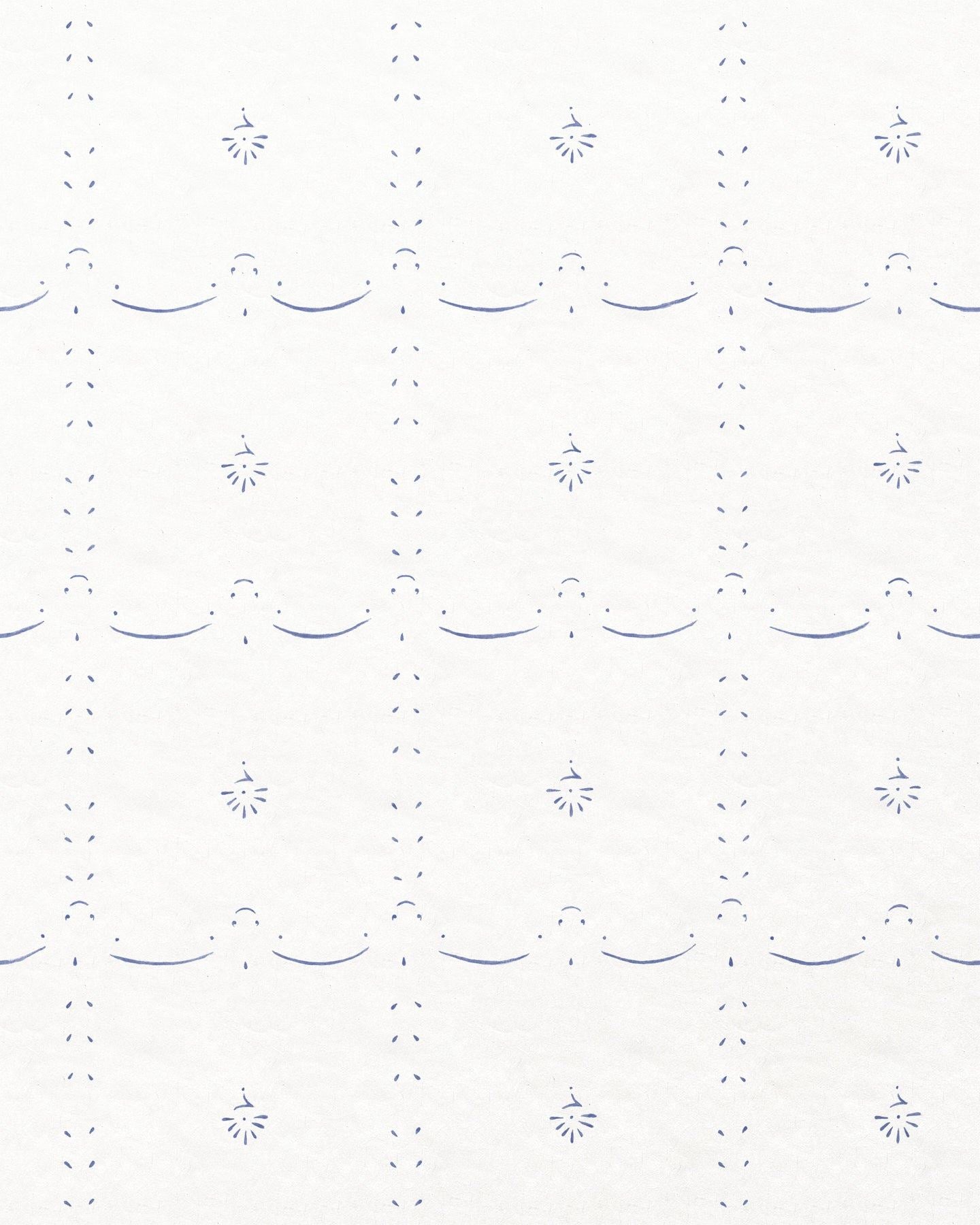 An off-white wallpaper with a delicate hand-painted pattern in a blue colour.