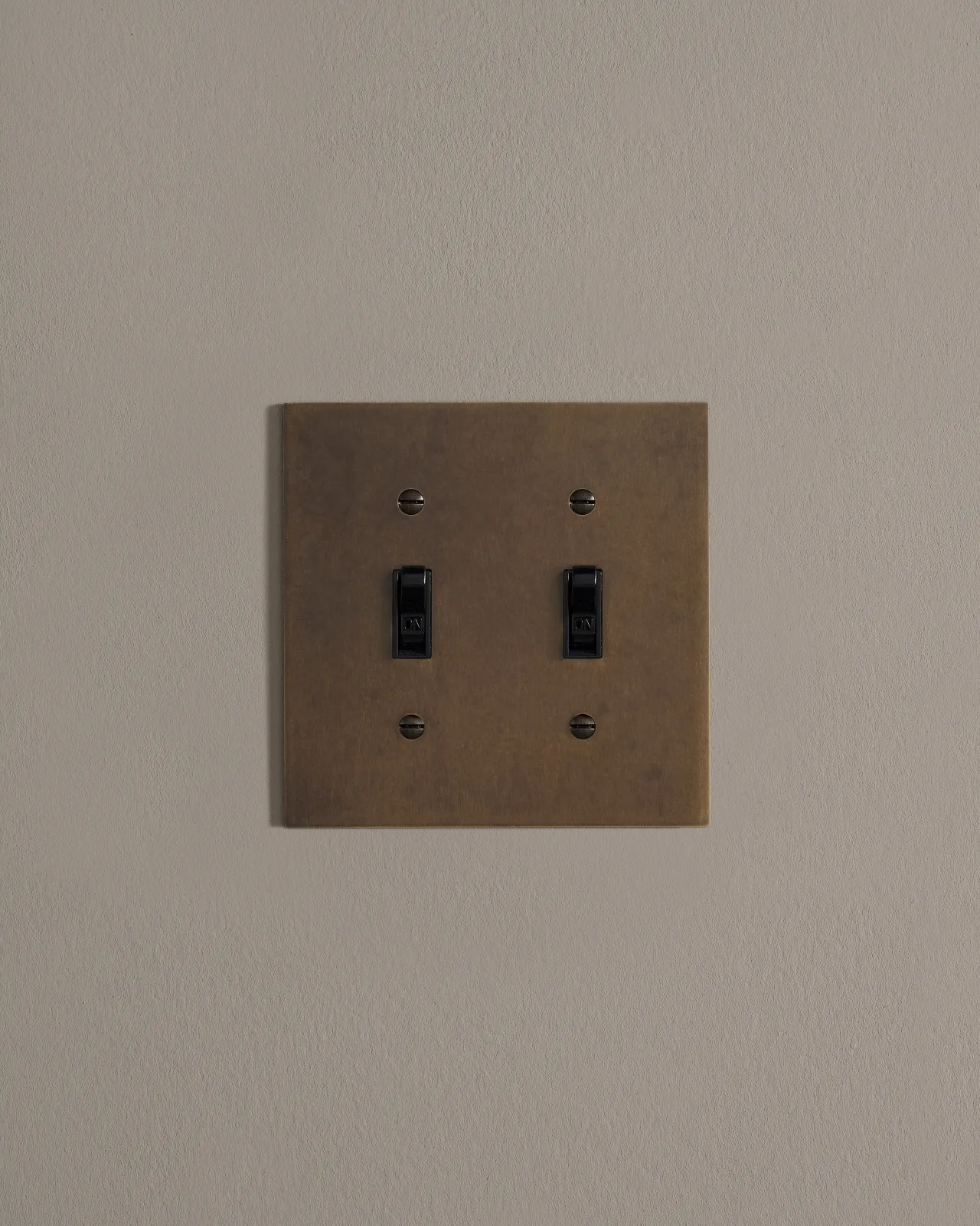 a front on shot of the toggle switch on an oxidised brass cover plate.