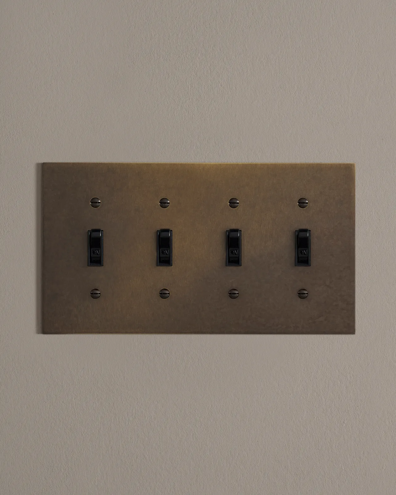 a front on shot of the toggle switch on an oxidised brass cover plate.