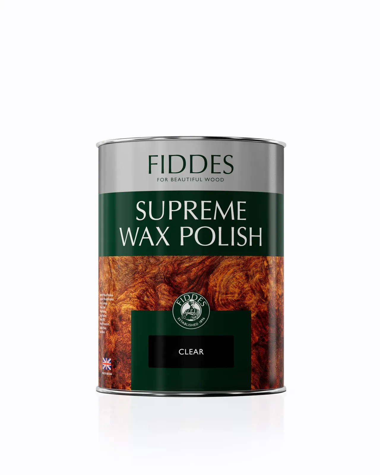 A render of the Fiddes Rugger Clear Wax polish 5 litre can.