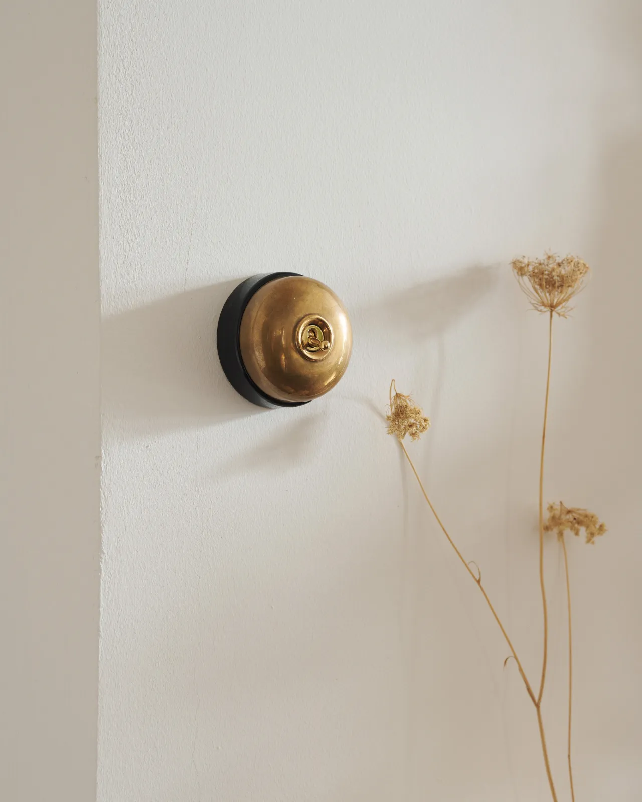 An Heirloom Brass deVOL Dolly Switch with a black ceramic base, fitted to an off-white painted room with creamy-coloured dried flowers peaking into shot. 