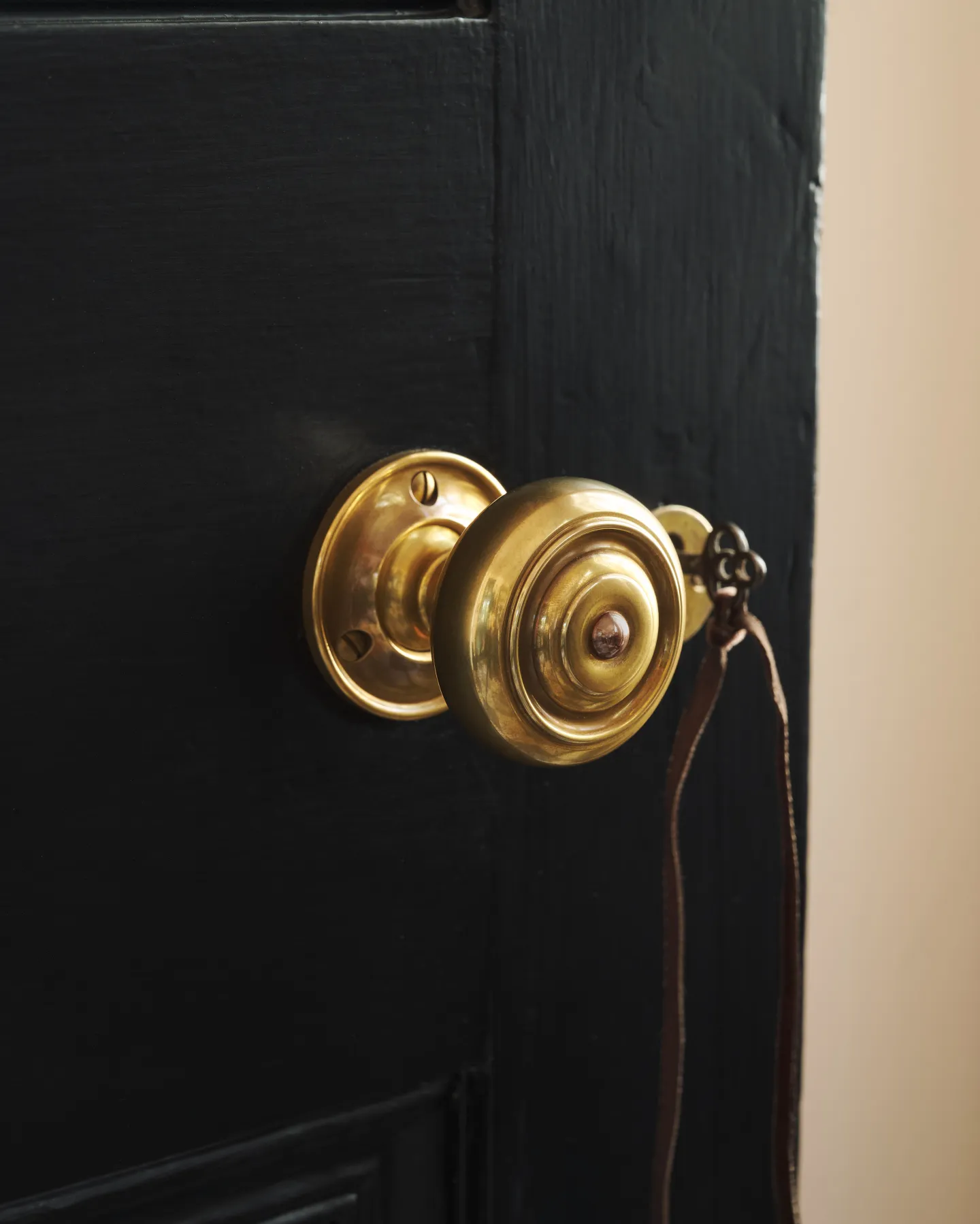 A tight view of the brass knob’s decorative rosette plate, highlighting its warm, burnished finish and timeless form.