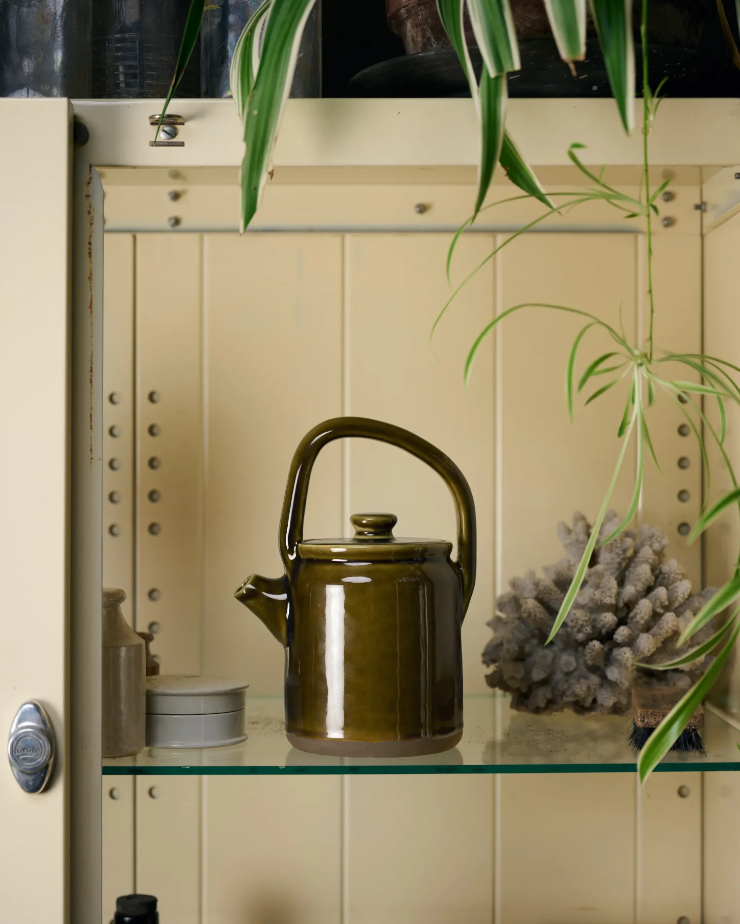 A smooth, glossy ‘Amber Glaze Teapot’ is the feature of this image, sitting proudly in an antique metal medicine cabinet, surrounded by vintage glass medicine bottles and lush spider plants.