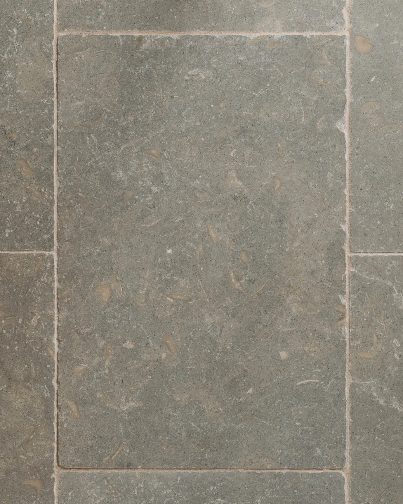 An overhead view of Seagrass Tumbled Limestone flooring.