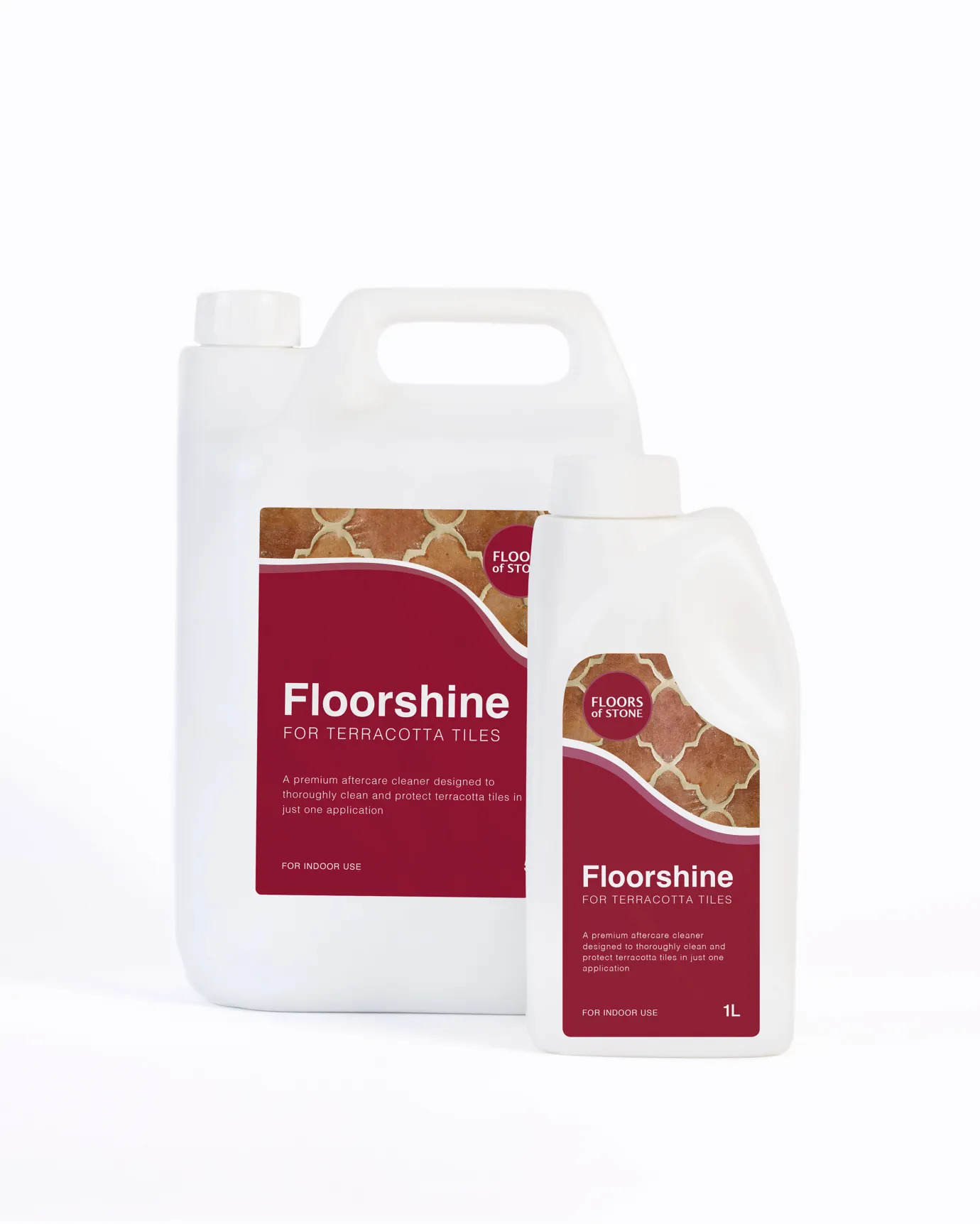 A cut-out image of a 5L and 1L bottle of Floorshine for terracotta tiles by Floors of Stone.