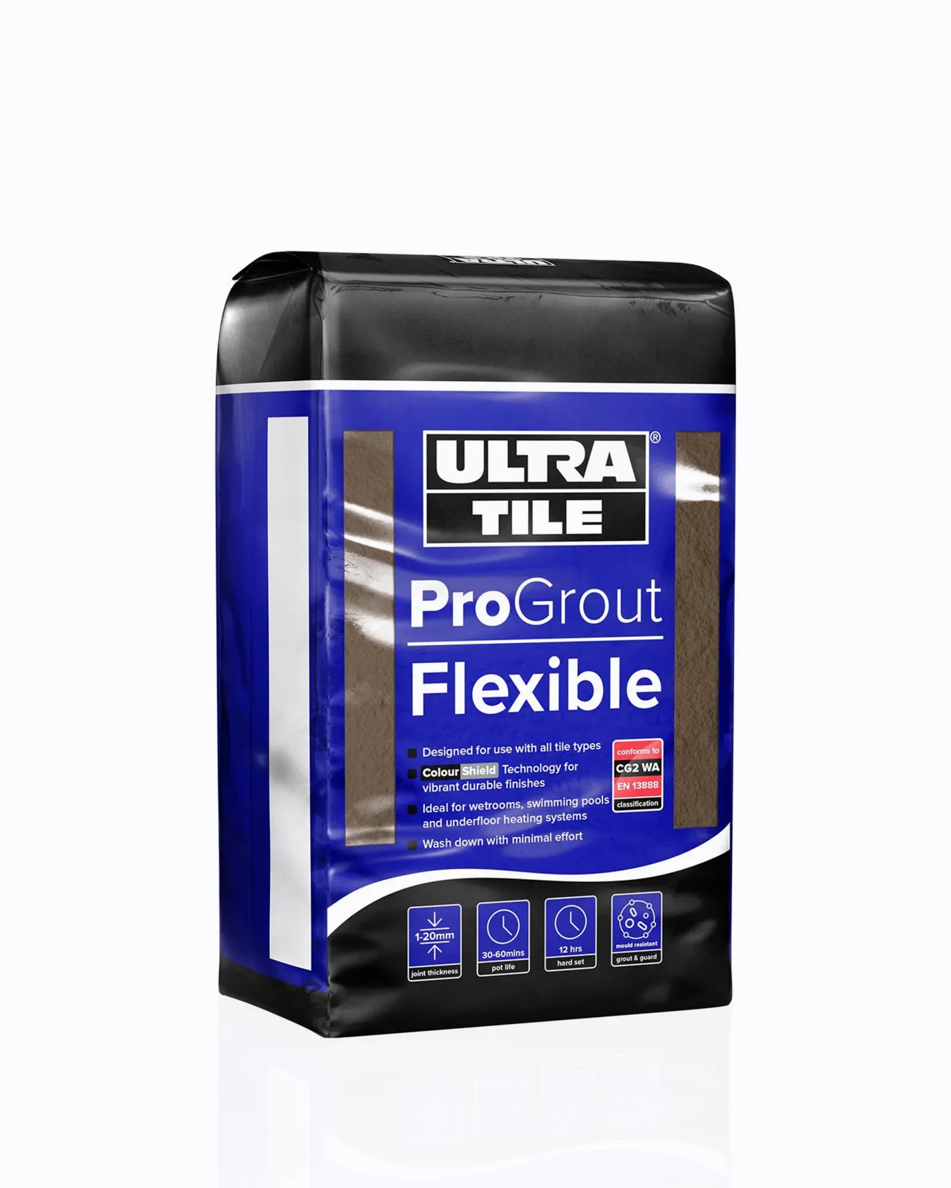 A cut-out image of a 3kg bag of flexible grout in the colour 'mocha' suitable for terracotta tiled floors.